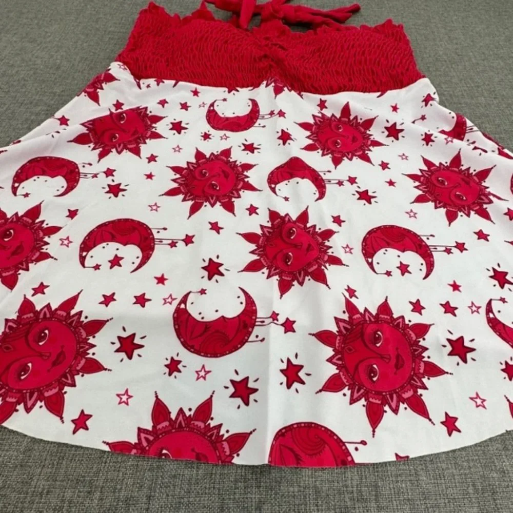 Tankini Swimsuit Dress Sun & Moon Red White Tie Straps Stretchy Removable Pads L